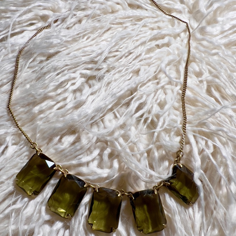J Crew Olive Green and Gold Rectangular Crystal Necklace